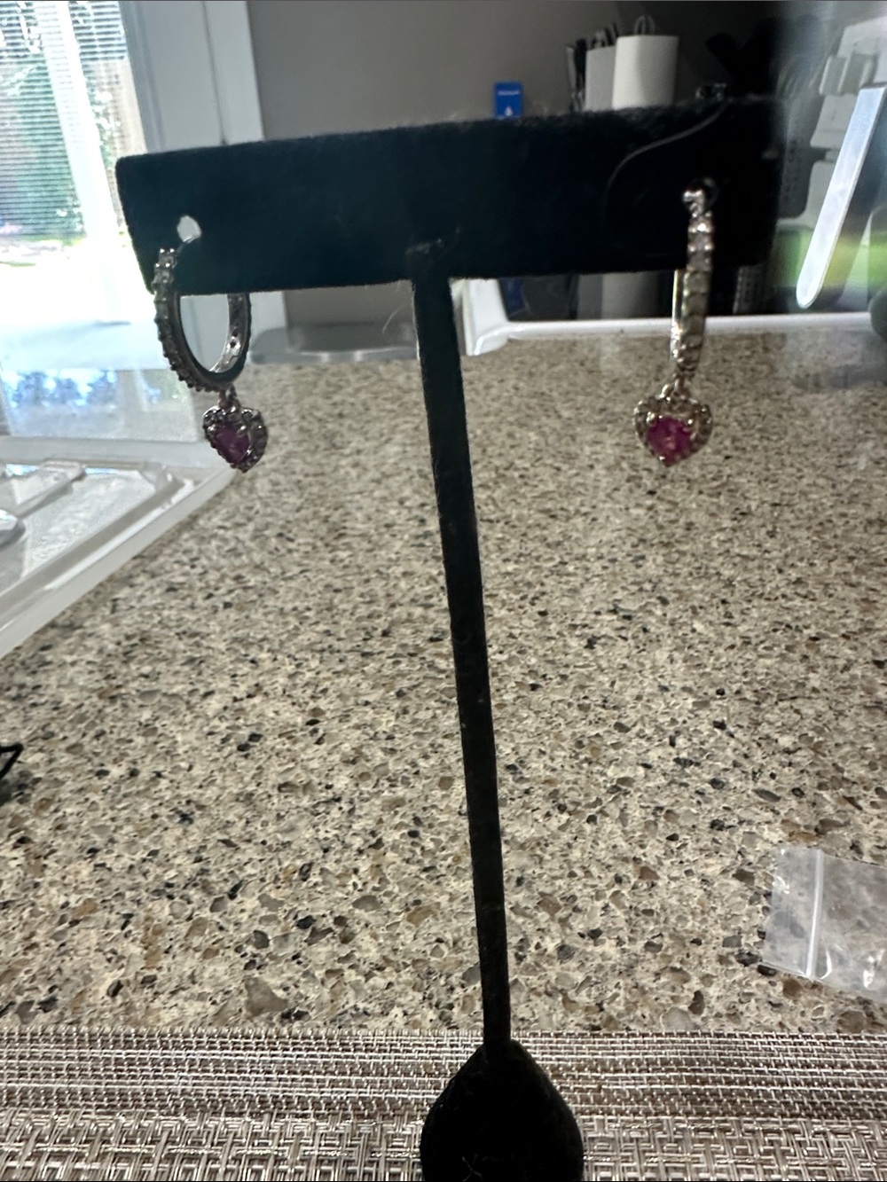 Silver Hoop Earrings with Pink Heart Gemstones